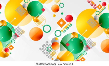 Abstract geometric pattern. Circles, squares, dots create vibrant composition. Orange, green, yellow dominate design. Modern, playful aesthetic.