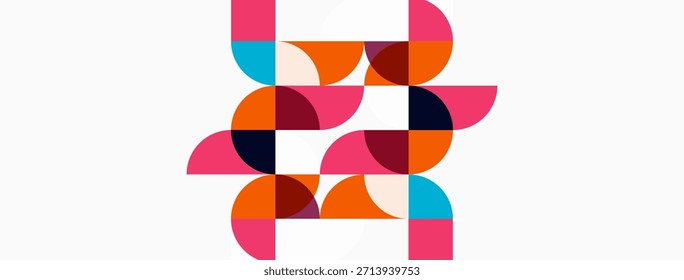 Padrão geométrico abstrato. Círculos, quadrados, retângulos se encaixam criando um design complexo. Rosa, laranja, azul-petróleo dominam o fundo neutro.