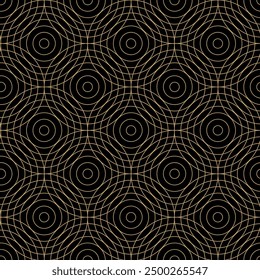 Abstractas patrón geométrico con círculos, rayas, líneas. Fondo de Vector sin fisuras. Adorno negro y dorado. Diseño gráfico reticulado moderno.