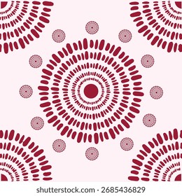 Patrón geométrico Abstractas con Formas circulares tipo mandala en tonos rojos sobre un fondo claro. Diseño de Vector moderno con Elementos decorativos simétricos, perfecto para textiles, Fondos de pantalla, envases,