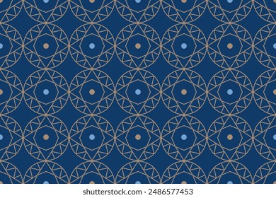 Abstract geometric pattern with circular motifs in brown and light blue on a dark blue background. Vector illustration with seamless design.