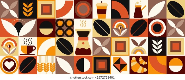 Abstract geometric pattern of coffee and cocoa. Mosaic style.  Contains icon designs for coffee, tea and chocolate.