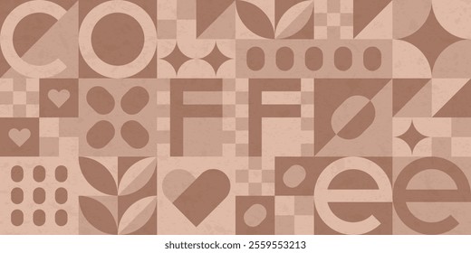 Abstract geometric pattern with coffee in mocha mousse color. Mosaic background with paper texture for cafe design, menu or shop. Geometric seamless pattern with coffee beans, vector illustration