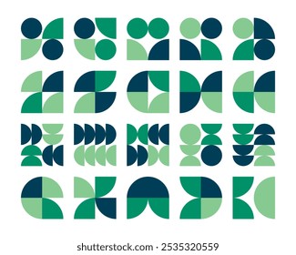 Abstract geometric pattern collection in green and blue tones, featuring circular and semi-circular shapes. Ideal for modern designs, wallpapers, and creative background elements

