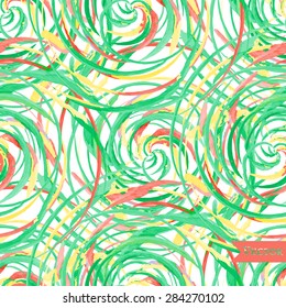 Abstract geometric pattern with colored circles. Vector hand painted seamless texture in vintage 1960 fashion style. Modern hipster background with colorful dot