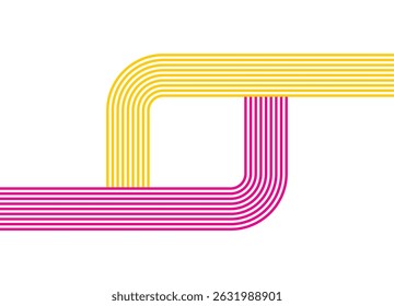 Abstract geometric pattern of colored parallel lines curved at an angle of 90 degrees. Yellow and purple lines on a white background. Modern minimalist design element, for backgrounds, presentations