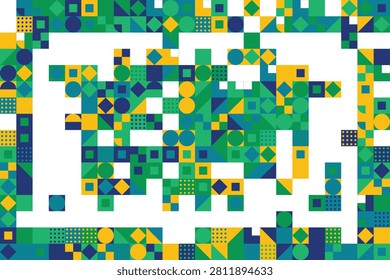 Abstract geometric pattern of colored shapes in grid layout polygons circles