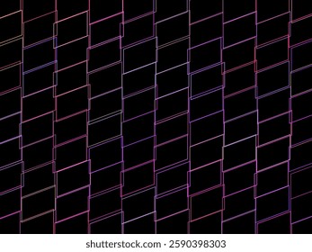 Abstract geometric pattern with colorful lines on black background modern digital art design with vibrant neon rectangles.
