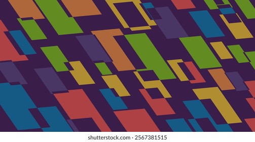 Abstract geometric pattern with colorful rectangular shapes on a dark purple background. Modern design with vibrant colors and overlapping elements creating a dynamic composition.