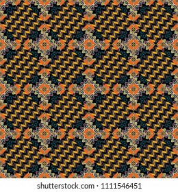 Abstract geometric pattern. Colorful texture. Vector seamless pattern. Geometric background with rhombus, dots and nodes. Seamless geometric pattern. Black, gray and orange background.