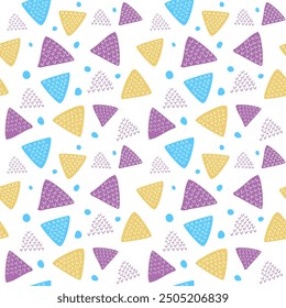 Abstract geometric pattern with colorful triangles and dots on a white background