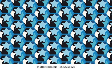 Abstract geometric pattern combination of blue, white and black star shapes