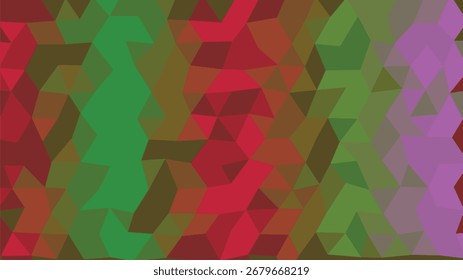 An abstract geometric pattern composed of green, red, brown, and purple polygons. Scalable vector format suitable for print and digital media.