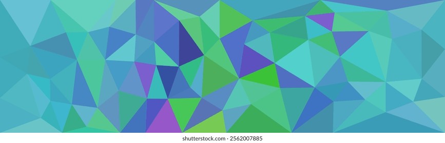 an abstract geometric pattern composed of overlapping polygons in various shades of blue, green, and purple. The triangular shapes create a dynamic and vibrant mosaic-like effect.