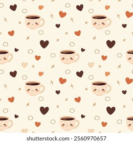 Abstract geometric pattern composed of repeating coffee mugs and heart shapes in a harmonious arrangement of brown, beige, and white hues.
