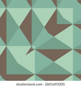 an abstract geometric pattern composed of triangles and squares in shades of green and brown. 