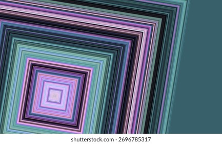 Padrão geométrico abstrato com quadrados concêntricos em tons de roxo, azul e verde, criando uma sensação de profundidade e movimento.