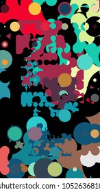 Abstract geometric pattern consisting of circles of different diameters and colors against black background.