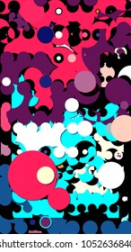 Abstract geometric pattern consisting of circles of different diameters and colors against black background.