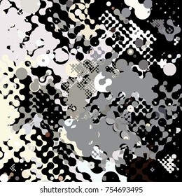 Abstract geometric pattern consisting of circles of different diameters and colors. Chaotic scattered background