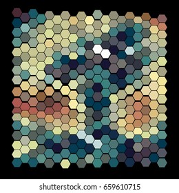 Abstract geometric pattern consisting of hexagonal elements of different colors on a black background
