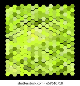 Abstract geometric pattern consisting of hexagonal elements of different colors on a black background