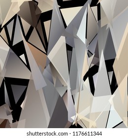 Abstract geometric pattern consisting of randomly distributed triangles of different sizes and colors against black background. Chaotic colorful backdrop in a low poly style.