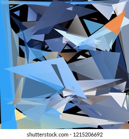 Abstract geometric pattern consisting of randomly distributed triangles of different sizes and colors against black background. Chaotic colorful backdrop in a low poly style.