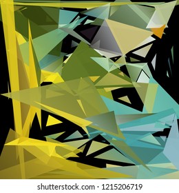 Abstract geometric pattern consisting of randomly distributed triangles of different sizes and colors against black background. Chaotic colorful backdrop in a low poly style.