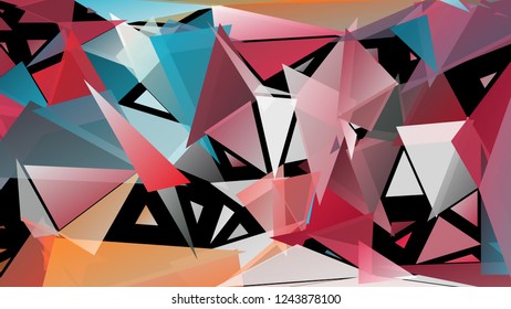 Abstract geometric pattern consisting of randomly distributed triangles of different sizes and colors against black background. Chaotic colorful backdrop in a low poly style with illusion of depth.