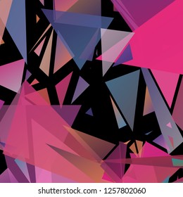 Abstract geometric pattern consisting of randomly distributed triangles of different sizes and colors against black background. Chaotic colorful backdrop in a low poly style.