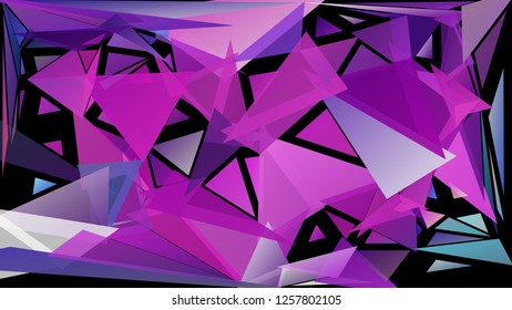 Abstract geometric pattern consisting of randomly distributed triangles of different sizes and colors against black background. Chaotic colorful backdrop in a low poly style.