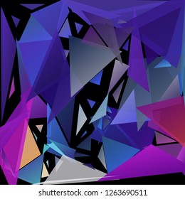 Abstract geometric pattern consisting of randomly distributed triangles of different sizes and colors against black background. Chaotic colorful backdrop in a low poly style.