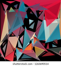 Abstract geometric pattern consisting of randomly distributed triangles of different sizes and colors against black background. Chaotic colorful backdrop in a low poly style.