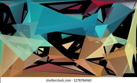 Abstract geometric pattern consisting of randomly distributed triangles of different sizes and colors against black background. Chaotic colorful backdrop in a low poly style.