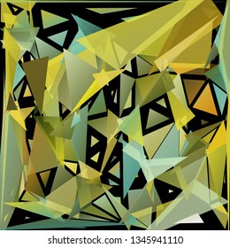 Abstract geometric pattern consisting of randomly distributed triangles of different sizes and colors against black background. Chaotic colorful backdrop in a low poly style.