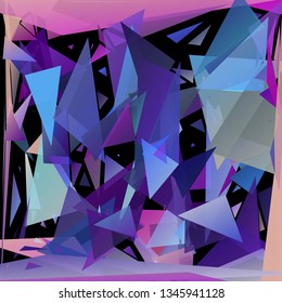 Abstract geometric pattern consisting of randomly distributed triangles of different sizes and colors against black background. Chaotic colorful backdrop in a low poly style.