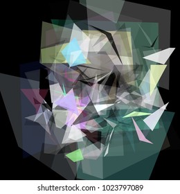 Abstract geometric pattern consisting of triangles of various sizes and transparency on a black background