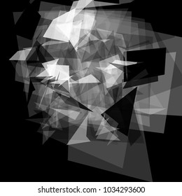 Abstract geometric pattern consisting of triangles of various sizes and transparency on a black background.