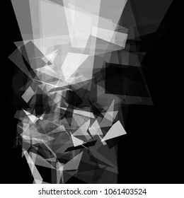 Abstract geometric pattern consisting of triangles of various sizes and transparency on a black background