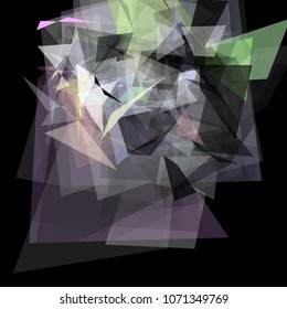 Abstract geometric pattern consisting of triangles of various sizes and transparency on a black background