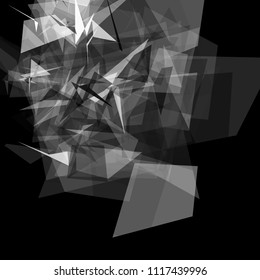 Abstract geometric pattern consisting of triangles of various sizes and transparency on a black background