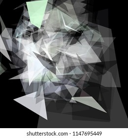 Abstract geometric pattern consisting of triangles of various sizes and transparency on a black background.