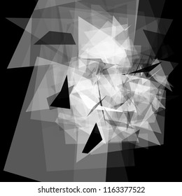 Abstract geometric pattern consisting of triangles of various sizes and transparency on a black background.