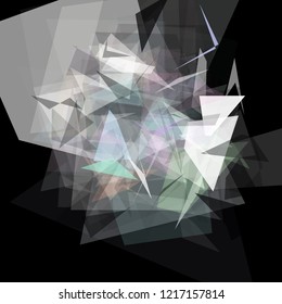 Abstract geometric pattern consisting of triangles of various sizes and transparency on a black background. Chaotical low poly backdrop.