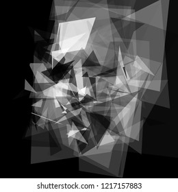 Abstract geometric pattern consisting of triangles of various sizes and transparency on a black background. Chaotical low poly backdrop.