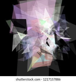 Abstract geometric pattern consisting of triangles of various sizes and transparency on a black background. Chaotical low poly backdrop.