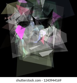 Abstract geometric pattern consisting of triangles of various sizes and transparency on a black background.