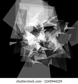 Abstract geometric pattern consisting of triangles of various sizes and transparency on a black background.