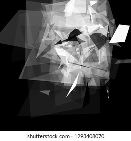 Abstract geometric pattern consisting of triangles of various sizes and transparency on a black background. Chaotical low poly backdrop.